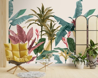 Tropical Banana Leaves Wall Mural Wallpaper - Palm Leaf Self Adhesive Wall Decal - Green Pink Floral Peel and Stick Decor Wallpaper CCM076