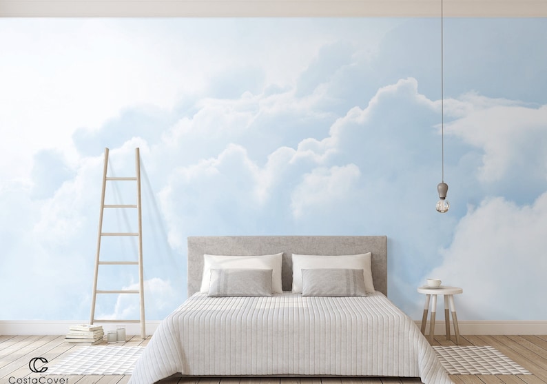 Boy Nursery Peel and Stick Mural Wallpaper Pastel Blue Sky Etsy