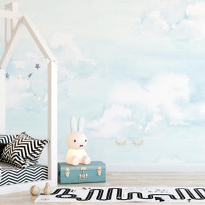 Watercolor Blue Sky Wall Mural - Peel and Stick Wallpaper - Pastel Cloud Removable Wall Decal - Kids Boys Nursery Self Adhesive CCM105