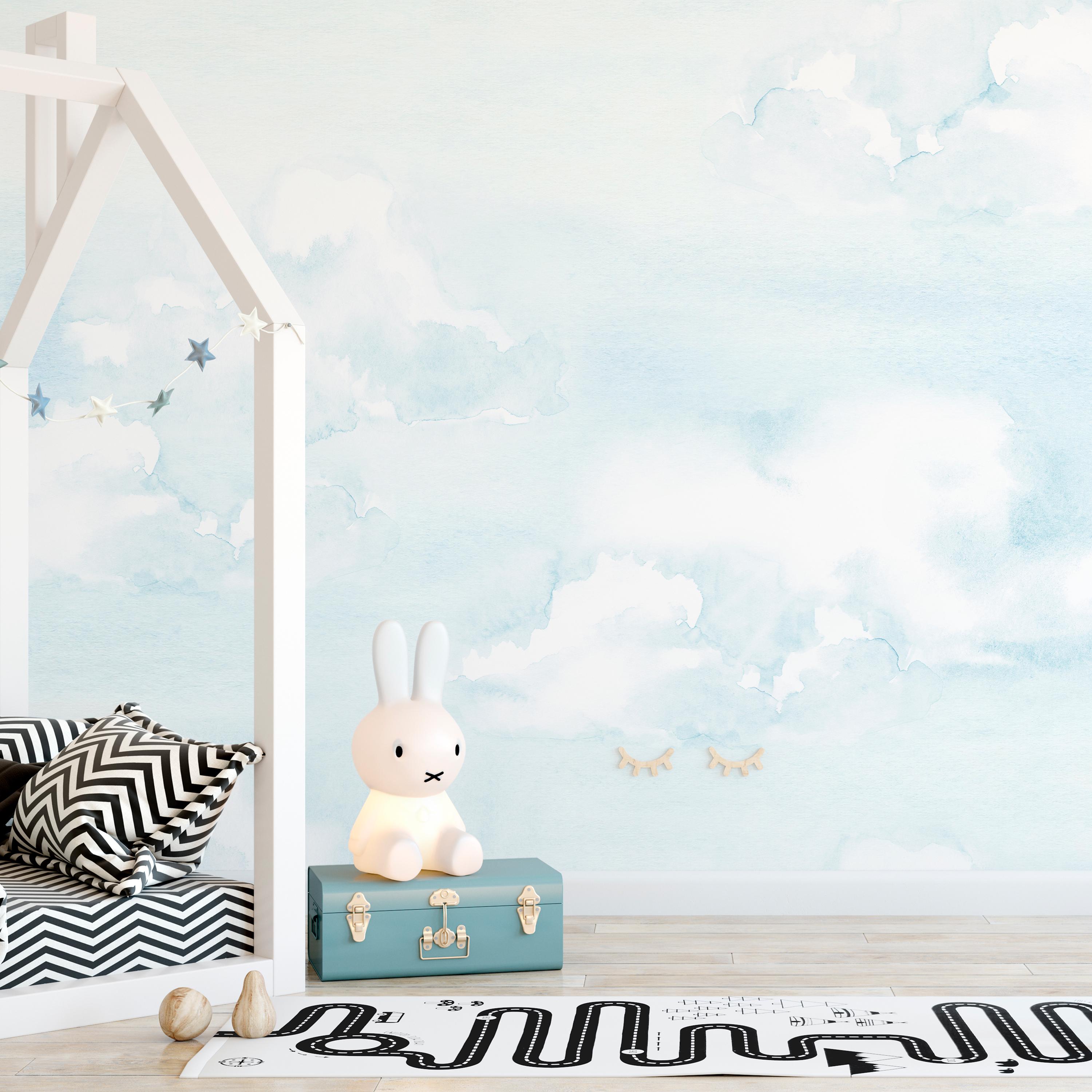 Watercolor Blue Sky Wall Mural - Peel and Stick Wallpaper - Pastel Cloud Removable Wall Decal - Kids Boys Nursery Self Adhesive CCM105