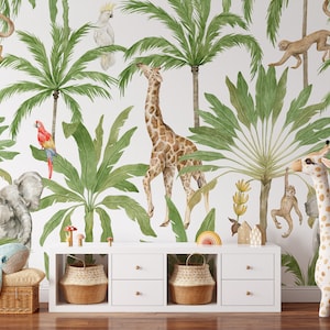 Animal Safari Mural Wallpaper - Nursery Kids Baby Room Peel and Stick - Topical Jungle Self Adhesive Wall Decal - Temporary Wallpaper CCM066