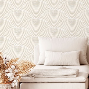 Beige Seigaiha Wave Style Self Adhesive Wallpaper - Neutral Boho Peel and Stick Decor - Vintage Design Removable Temporary Mural CC284