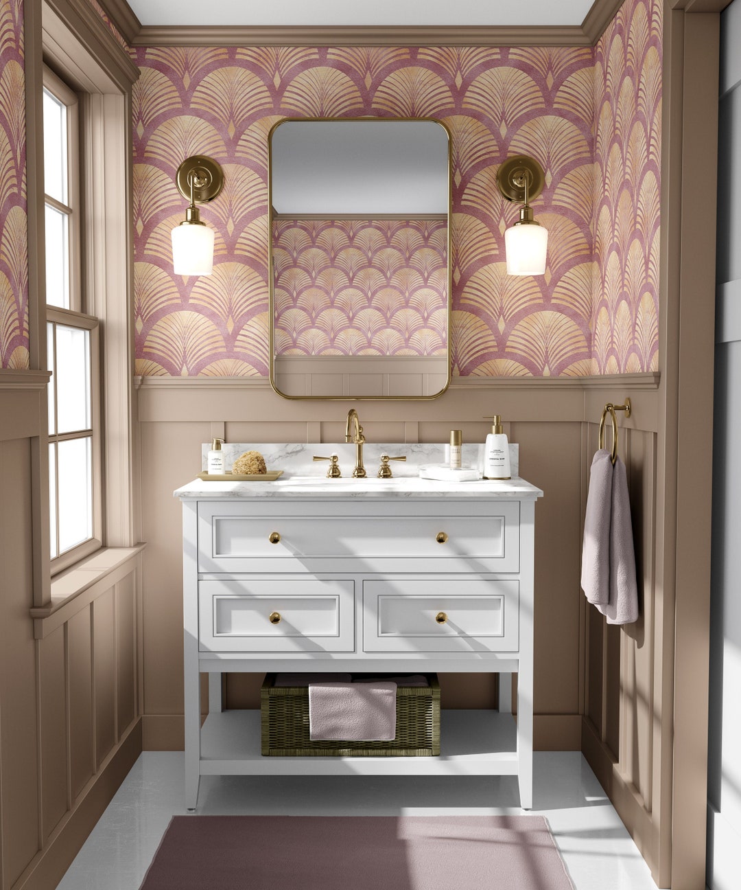 Pink Gold Effect Art Deco Self Adhesive Scallops Wallpaper Removable