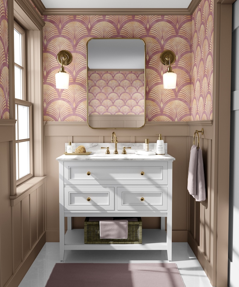 Pink Faux Gold Art Deco Scallops Wallpaper - Luxury Vintage Peel and ...