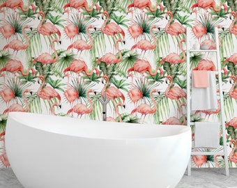 Flamingo Tropical Peel and Stick Wallpaper - Self Adhesive Green Palm Leaves Temporary Decal - Removable Jungle Wall Paper CC055