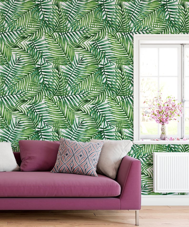 Watercolor Green Wallpaper - Tropical Palm Banana Leaves Peel and Stick Wall Mural CC162 image 1