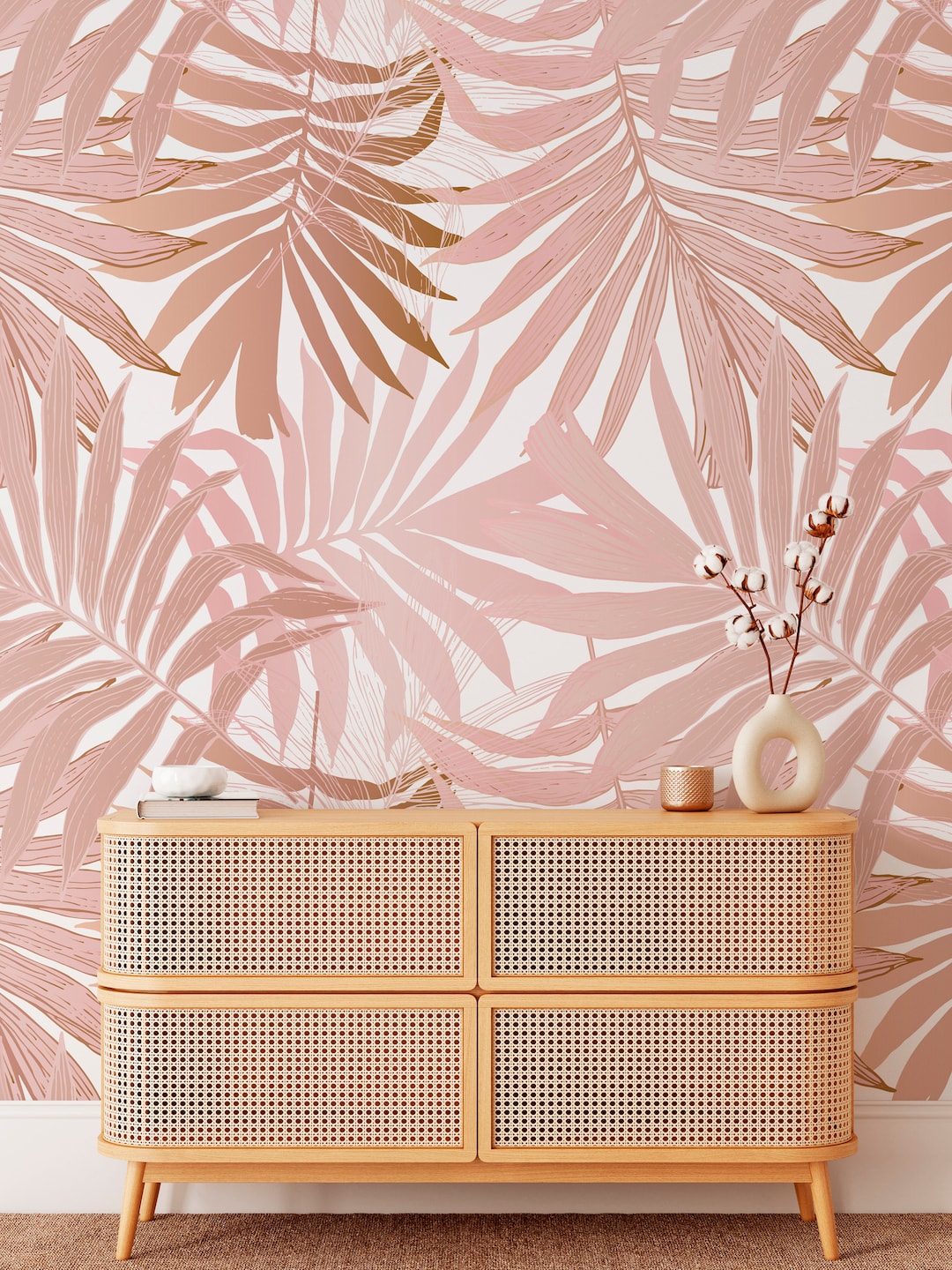 Pink Tropical Peel and Stick Wall Mural Palm Leaves Self Adhesive Wall Decal Jungle Boho Style