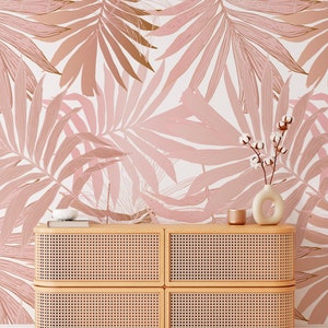 Pink Tropical Peel and Stick Wall Mural - Palm Leaves Self Adhesive Wall Decal - Jungle Boho Style  Removable Decor Wallpaper  CCM119