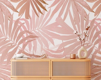 Pink Tropical Peel and Stick Wall Mural - Palm Leaves Self Adhesive Wall Decal - Jungle Boho Style  Removable Decor Wallpaper  CCM119