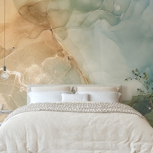 Green Abstract Peel and Stick Wallpaper - Beige Teal Marble Alcohol Ink Wall Mural CCM117