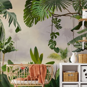 Jungle Tropical Mural Wallpaper - Peel and Stick Green Floral Wallpaper - Monstera Palm Tree Leaves Self Adhesive- Nursery Wall Decal CCM062