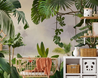 Jungle Tropical Mural Wallpaper - Peel and Stick Green Floral Wallpaper - Monstera Palm Tree Leaves Self Adhesive- Nursery Wall Decal CCM062