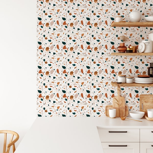 Neutral Terracotta Terrazzo Peel and Stick Wallpaper -Self Adhesive Minimalistic Boho Wall Decal -Removable Texture Stones Bold Mosaic CC265