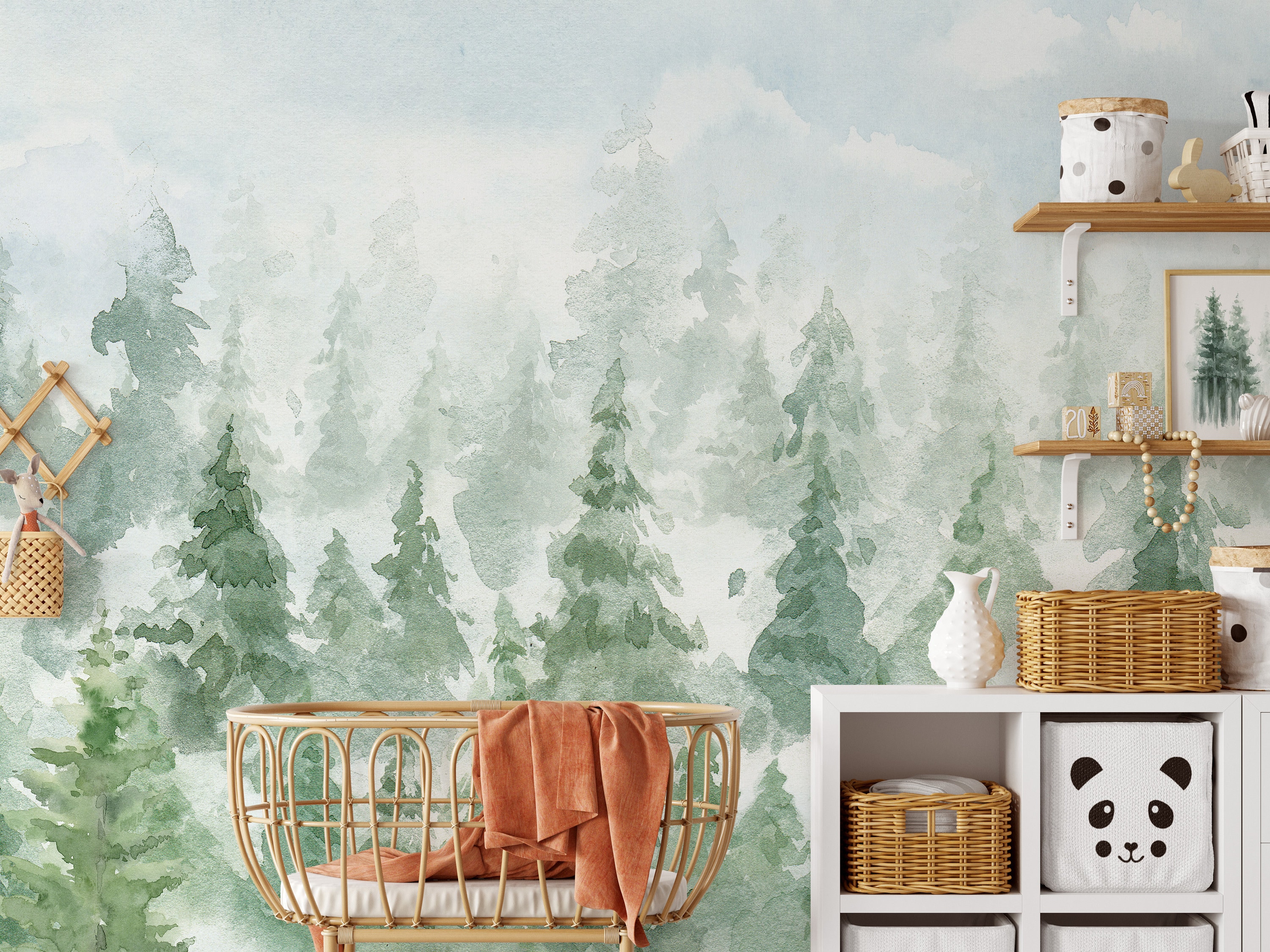 Woodland Nursery Watercolor Wall Mural - Fairy Pine Tree Forest Peel ...