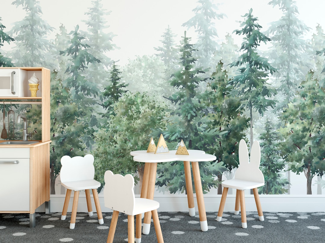 Watercolor Green Pine Tree Forest Wall Mural - Nursery Peel and Stick ...