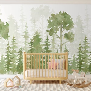 Watercolor Green Forest Removable Mural Wallpaper - Nature Peel and Stick Kids Nursery Wall Decal - Woodland Self Adhesive Wallpaper CCM079
