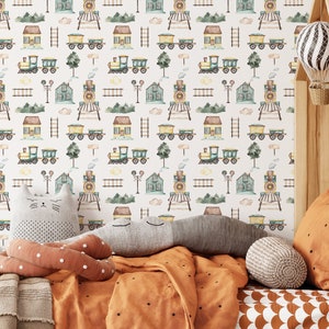 Cartoon Train Peel and Stick Fabric Wallpaper - Removable Kids Room Railroad Print Wall Decal - Сolorful Self Adhesive Wall Mural CC293