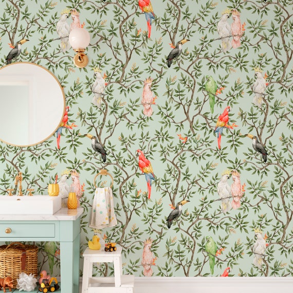 Parrots Tropical Tree Peel and Stick Wallpaper -  Green Palm Leaves Removable Jungle Wall Mural CC035