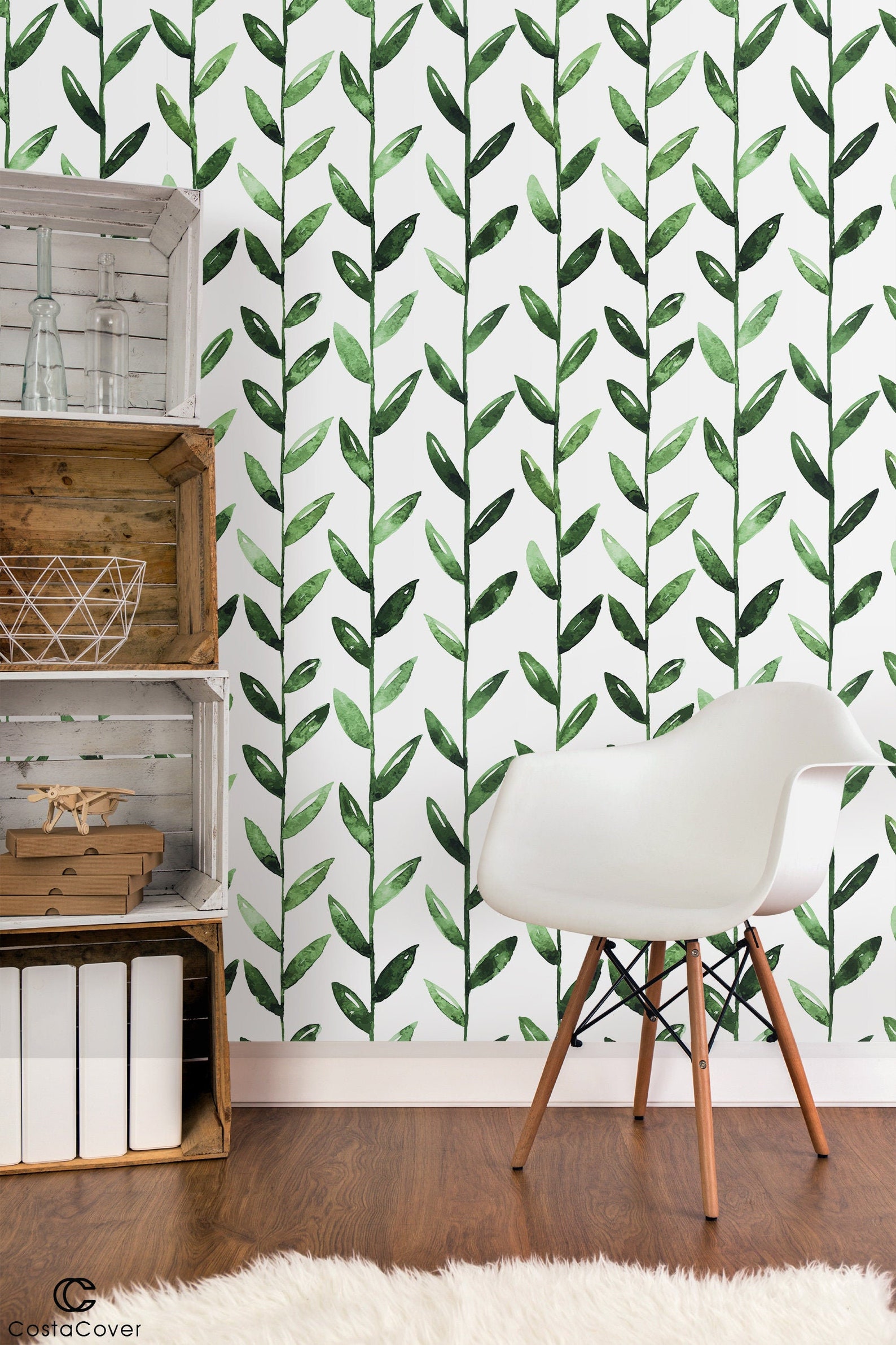 Self Adhesive Green Leaves Wallpaper Watercolor Removable Etsy
