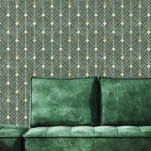 Green Gold Effect Art Deco Peel and Stick Wallpaper - Removable Luxury Wall Decal - Vintage Print Self Adhesive Wall Mural CC336