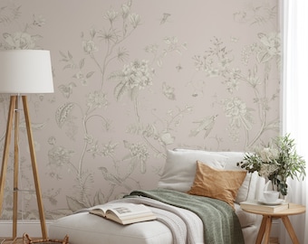 Pink Vintage Garden Wallpaper - Neutral Botanical Floral Wall Mural - Retro Toile Flowers Chinoiserie CG006
