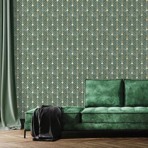 Self-adhesive green gold leaf pattern wallpaper for glam accent wall.