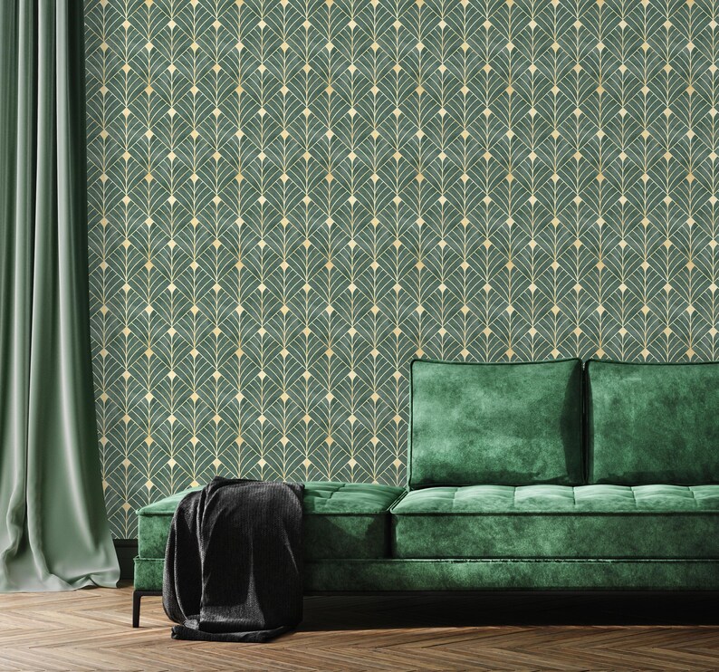 Self-adhesive green gold leaf pattern wallpaper for glam accent wall.