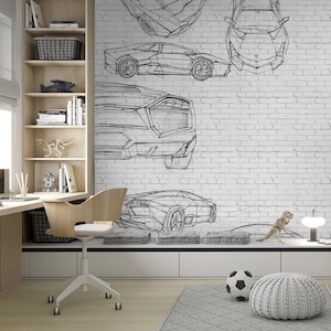 Car Sketch Art Peel and Stick Wall Mural - Brick Texture Self Adhesive Wall Decal - Black & White Cartoon Print Removable Wallpaper CCM191
