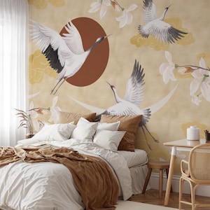 Chinoiserie Crane & Sunset - Chinese Style Bird Decor - White Herons Retro Vintage Wallpaper - Faux Grasscloth Traditional Wall Mural CG002