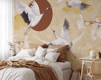 Chinoiserie Crane Wallpaper - Japanese Bird Wall Mural - Neutral Asian Decor CG002