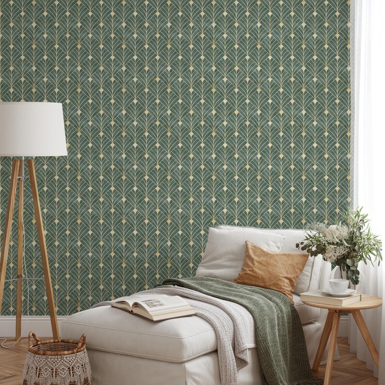 Green and gold Gatsby wall mural featuring repeating deco leaves.
