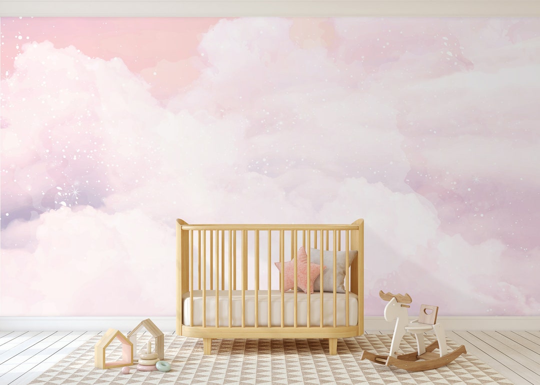 Pastel Pink Purple Sky Clouds Peel and Stick Wallpaper - Girls Nursery ...
