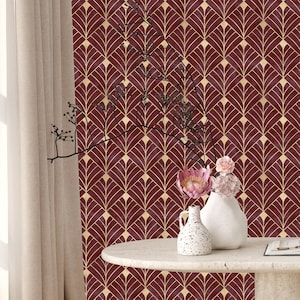 Burgundy Gold Effect Art Deco Peel and Stick Wallpaper - Removable Luxury Wall Decal - Vintage Print Self Adhesive Wall Mural CC338