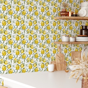 Yellow Lemon Self Adhesive Wallpaper - Watercolor Fruits Peel and Stick Decal - Kitchen Removable Wall Mural - Botanical Green Leaves CC230