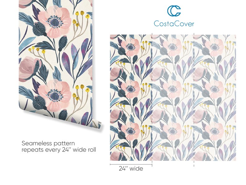 Puede incluir: Un patr&oacute;n de papel tapiz floral sin costuras con flores rosas, hojas azules y moradas y detalles amarillos. El patr&oacute;n se repite cada 61 cm.