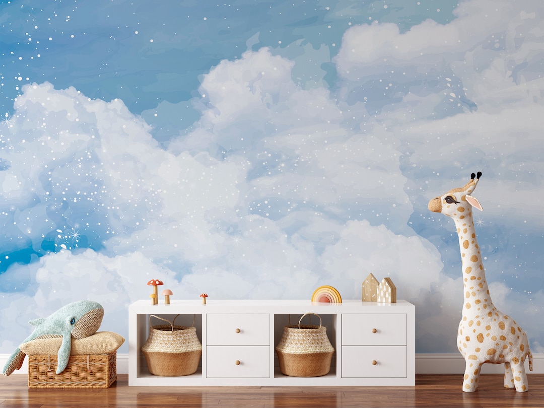Blue Sky Clouds Nursery Wallpaper - Kids Boys Room Watercolor Peel and ...