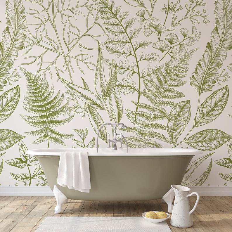 Fern Botanical Removable Mural Wallpaper Light Greenery Self Adhesive Wall Decor Peel and Stick Wallpaper Temporary Decal CCM082 image 2