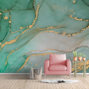 Green Watercolor Peel and Stick Wallpaper - Abstract Marble Wall Mural Decor Self Adhesive Wallpaper - Alcohol Ink Removable Decal CCM053