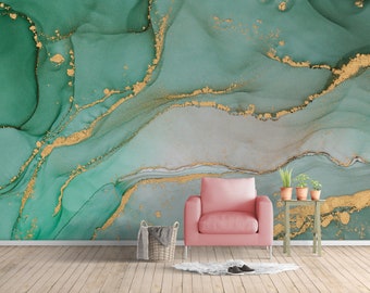 Emerald Green Marble Peel and Stick Wallpaper - Abstract Marble Alcohol Ink Wall Mural CCM053