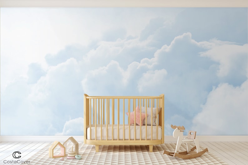 Boy Nursery Peel and Stick Mural Wallpaper Pastel Blue Sky Etsy