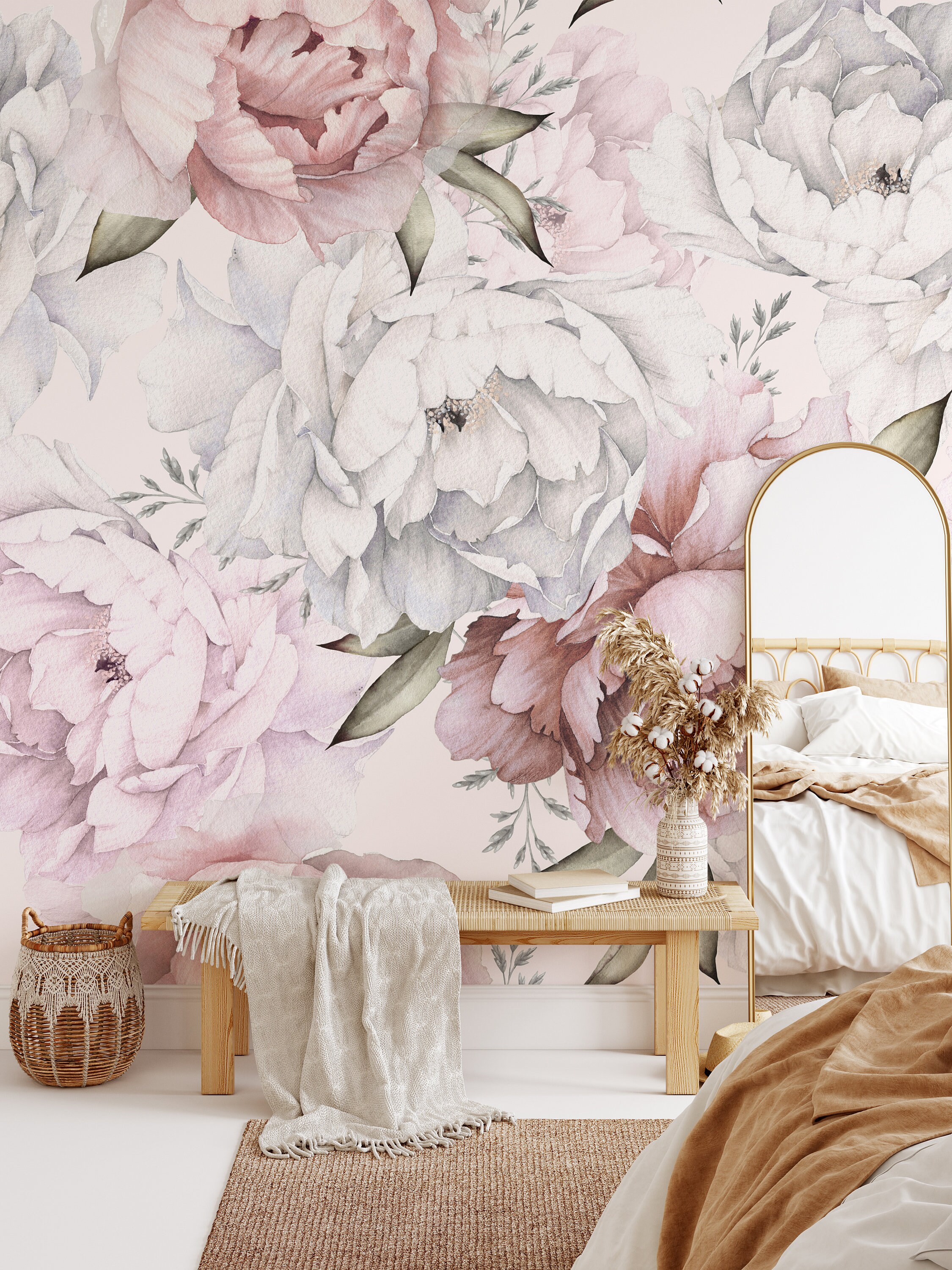 Blush Pink Peony Wall Mural - Watercolor Boho Floral Flowers Peel and ...