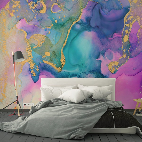 Watercolor Abstract Marble Wall Mural - Alcohol Ink Peel and Stick Decor - Pink Blue Purple Modern Self Adhesive Wallpaper Decal CCM058
