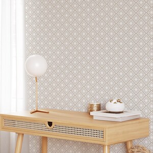 Beige Art Deco Design Wallpaper - Removable Geometric Wall Paper - Self Adhesive Temporary Decal- Peel and Stick Retro Shapes Fabric CC122