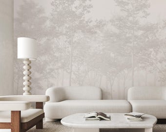 Neutral Forest Wall Mural - Beige Tree Woodland Landscape Peel and Stick Wallpaper CCM215