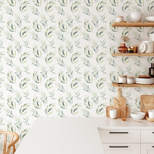 Green Eucalyptus Leaf Peel and Stick Wallpaper - Leaves Branches Removable Wall Mural - Boho Watercolor Floral Botanical Self Adhesive CC049