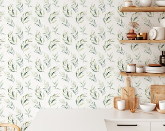 Green Eucalyptus Leaf Peel and Stick Wallpaper - Leaves Branches Removable Wall Mural - Boho Watercolor Floral Botanical Self Adhesive CC049