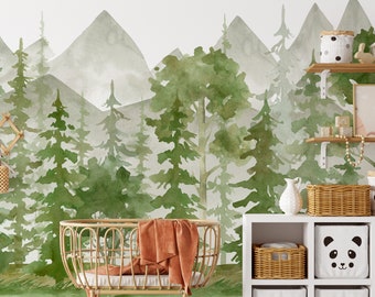 Watercolor Green Forest Nursery Wallpaper - Pine Tree Mountains Woodland Kids Wall Mural CCM106