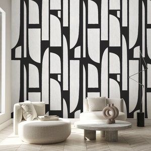 Black & White Geometric Shapes Self Adhesive Wall Mural - Abstract Peel and Stick Wall Decal - Minimalist Design Removable Wallpaper CCM160