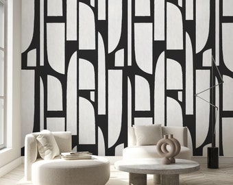 Black & White Geometric Shapes Self Adhesive Wall Mural - Abstract Peel and Stick Wall Decal - Minimalist Design Removable Wallpaper CCM160