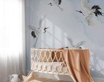 Blue Chinoiserie Crane Wallpaper - Japanese Bird Wall Mural - Neutral Asian Japandi Cloud Decor CG004